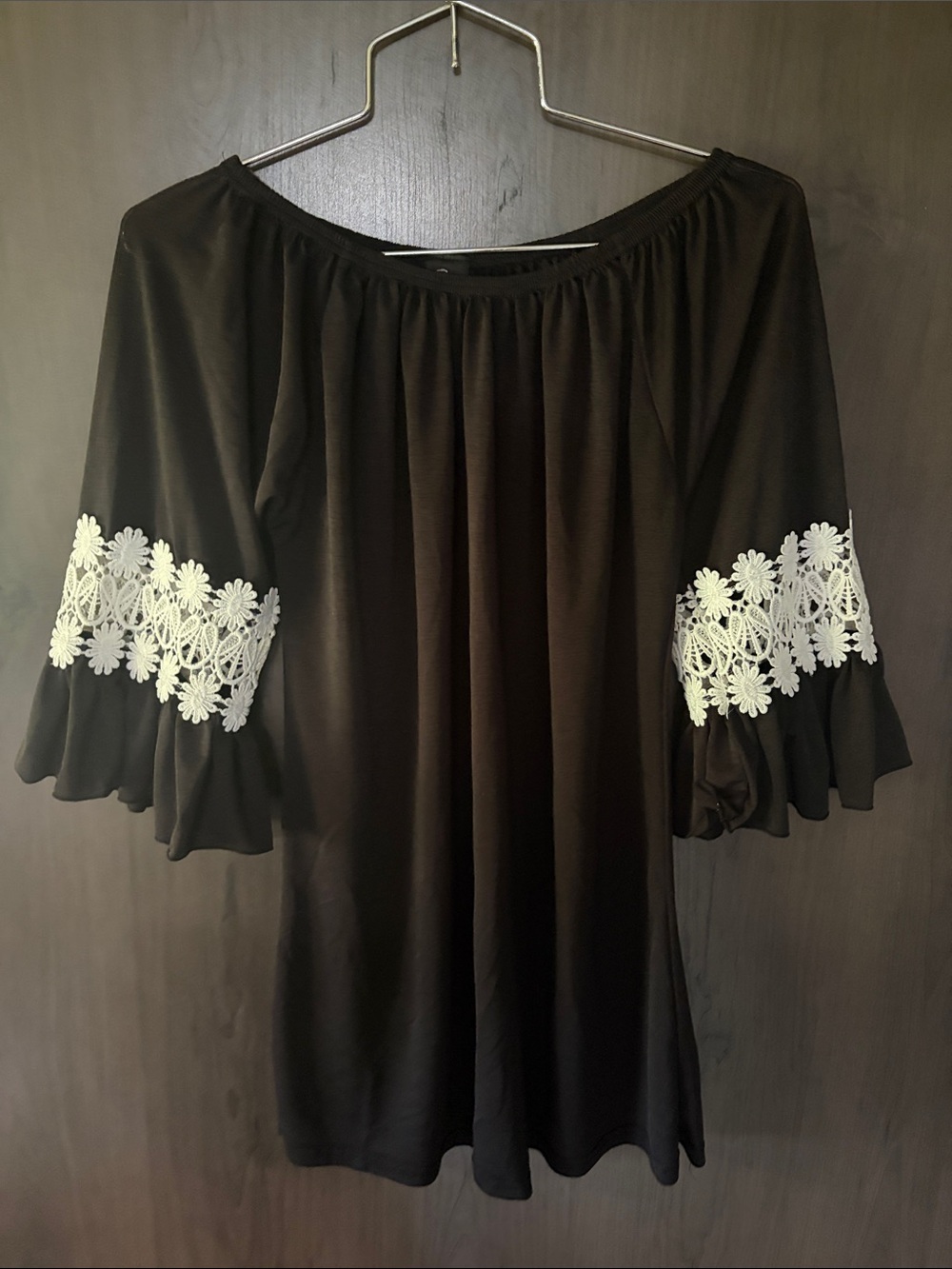 WinWin Black Tunic with White Floral Lace Sleeves